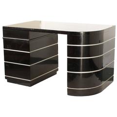 Paul Frankl Attr. Art Deco Curved Desk Black Lacquer Silver Grooves with Drawers