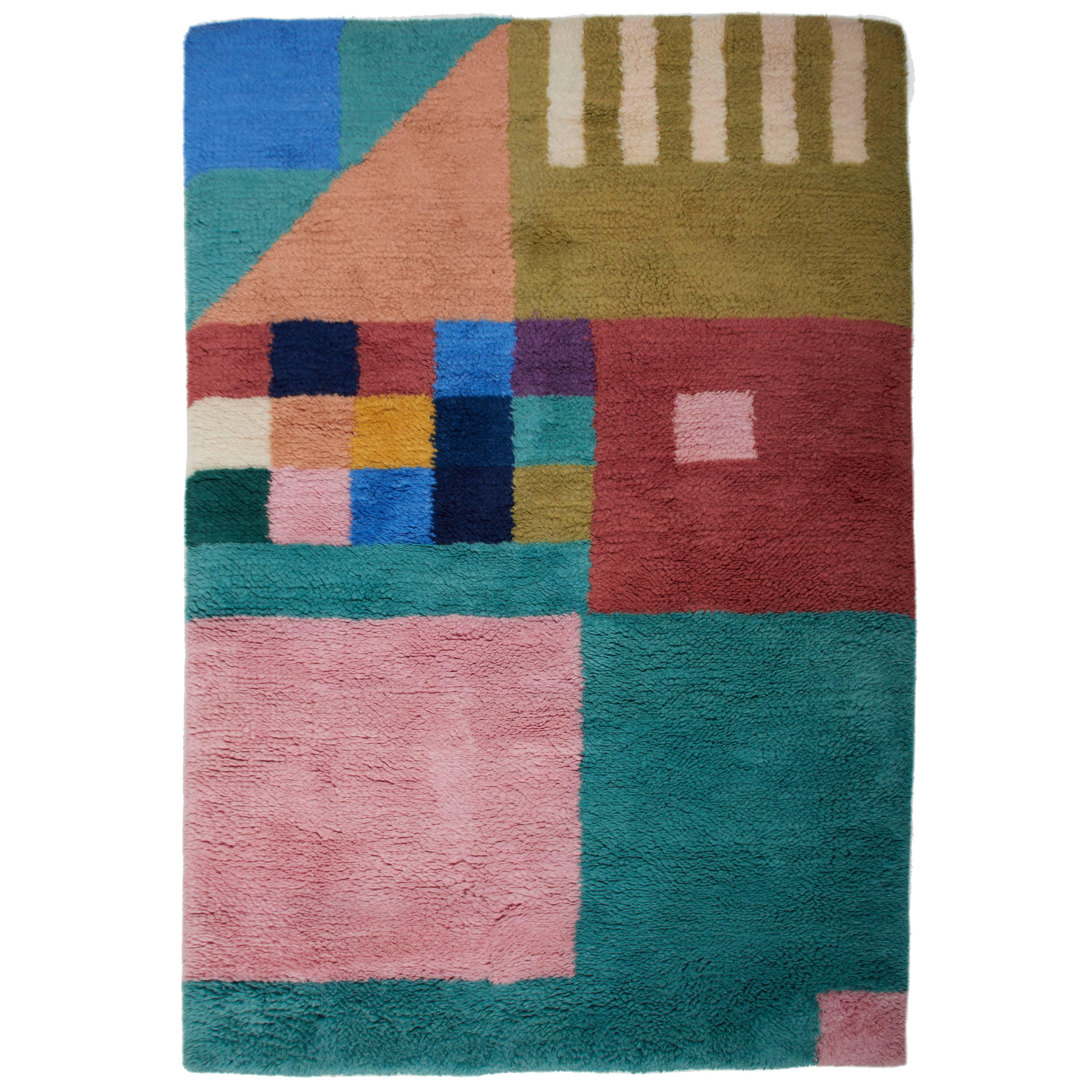Aelfie Kiki Shag Modern Geometric Hand-Knotted Colorful Rug Carpet For Sale