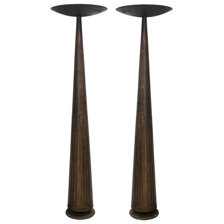 French Rare Pair of Copper Torchiere Floor Lamps, circa 1970-1980