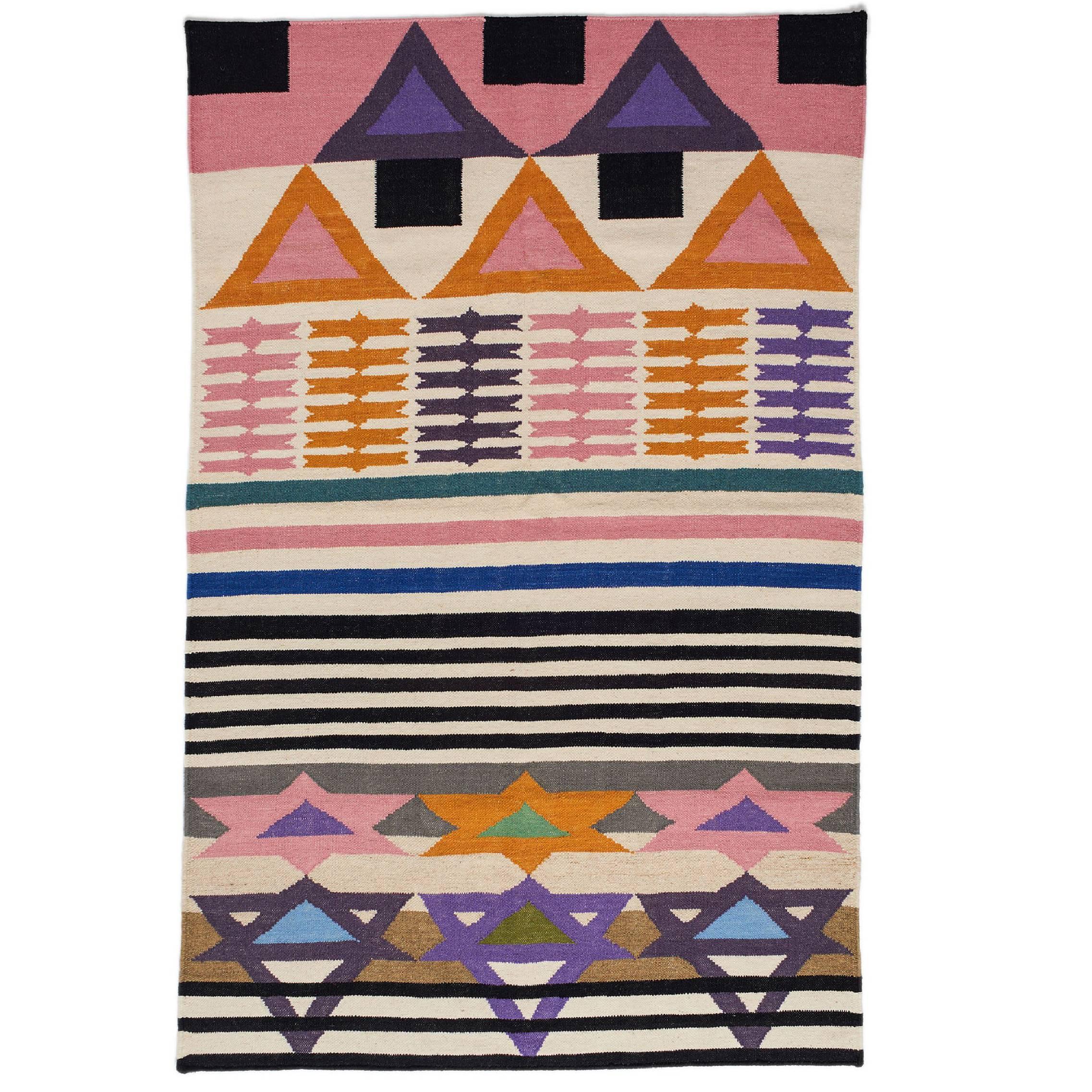 AELFIE Heatwave Modern Dhurrie Handwoven Geometric Colorful Pink Rug Carpet For Sale