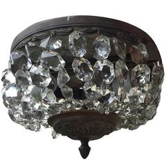 Antique French Gilt Crystal Ceiling Mount Chandelier, circa 1920s