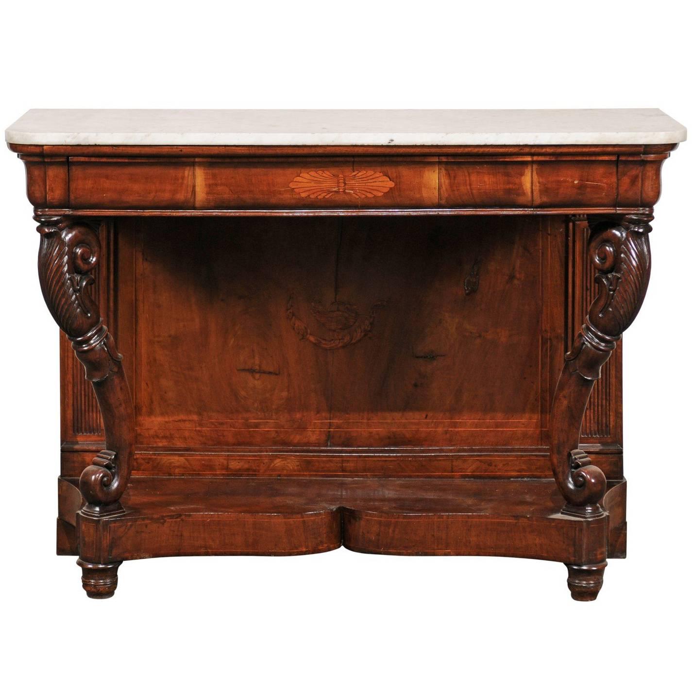 Italian 19th Century Walnut Console with Marble Top