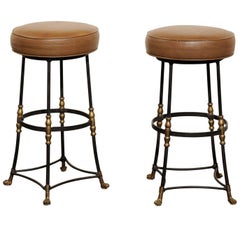 Pair of Italian Mid-Century Iron and Brass Stools with Brown Leather Tops
