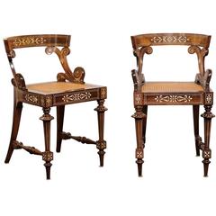 Antique Pair of Barrel Back Wooden Slipper Chairs with Marquetry Décor and Cane Seats