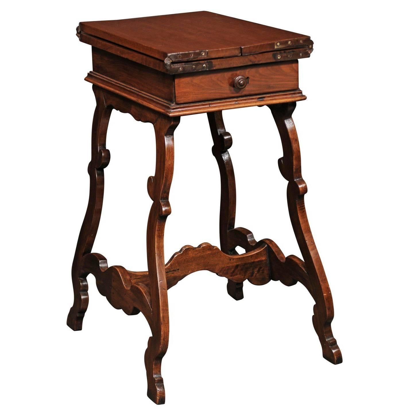 Italian 1820 Walnut Side Table with Folding Top and Baroque Lyre Shaped Legs