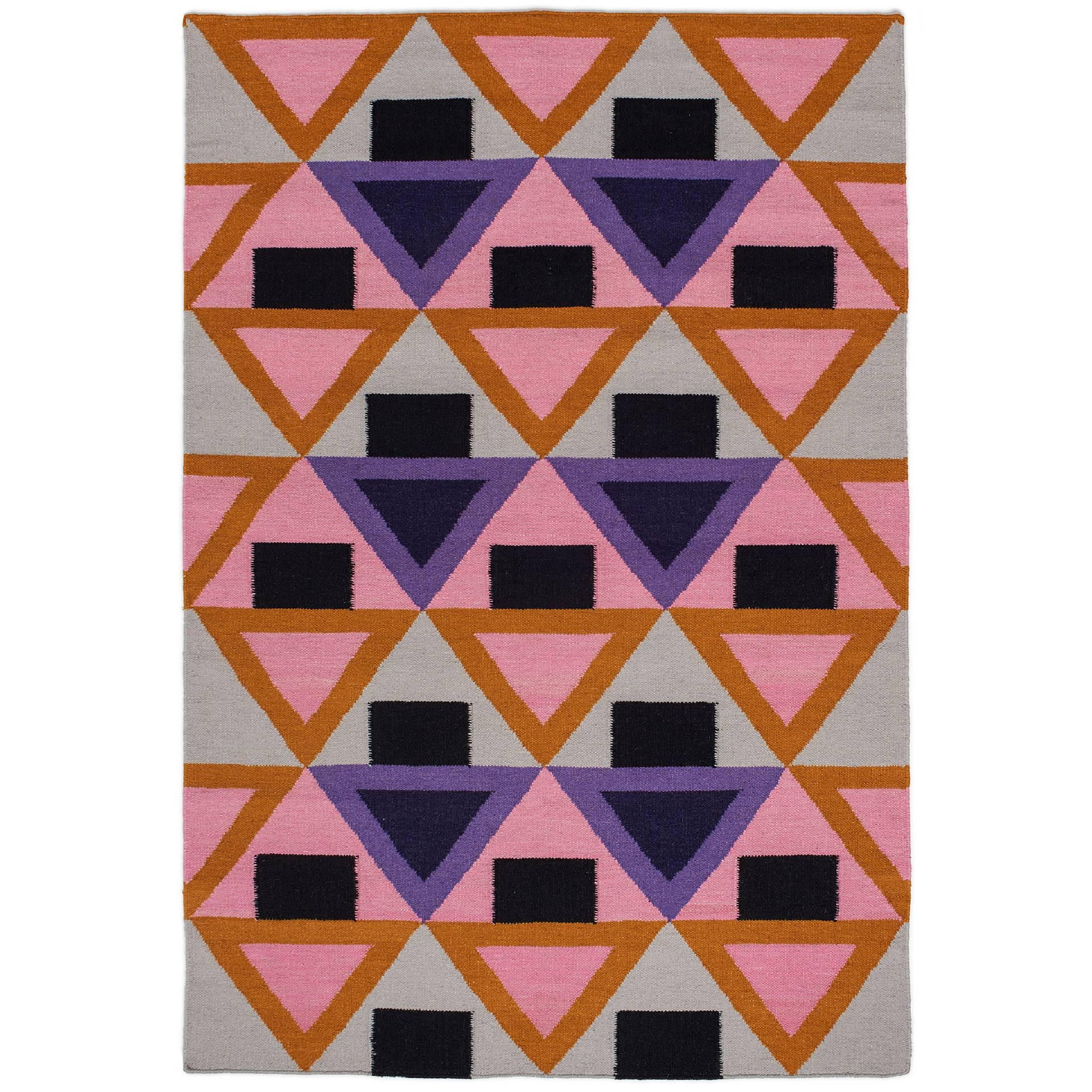 Aelfie Morgan Modern Dhurrie Handwoven Geometric Pink Purple Colorful Rug im Angebot