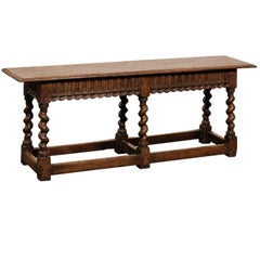 English Backless Carved Oak Bench with Barley Twist Legs, circa 1920