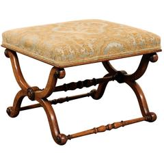 English Mid-19th Century Upholstered Walnut Stool with X-Style Scrolled Legs