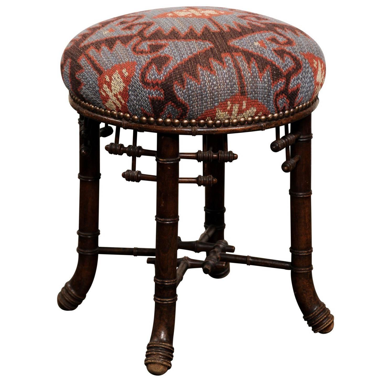 French Chinese Chippendale Style Upholstered Stool from the Turn of the Century