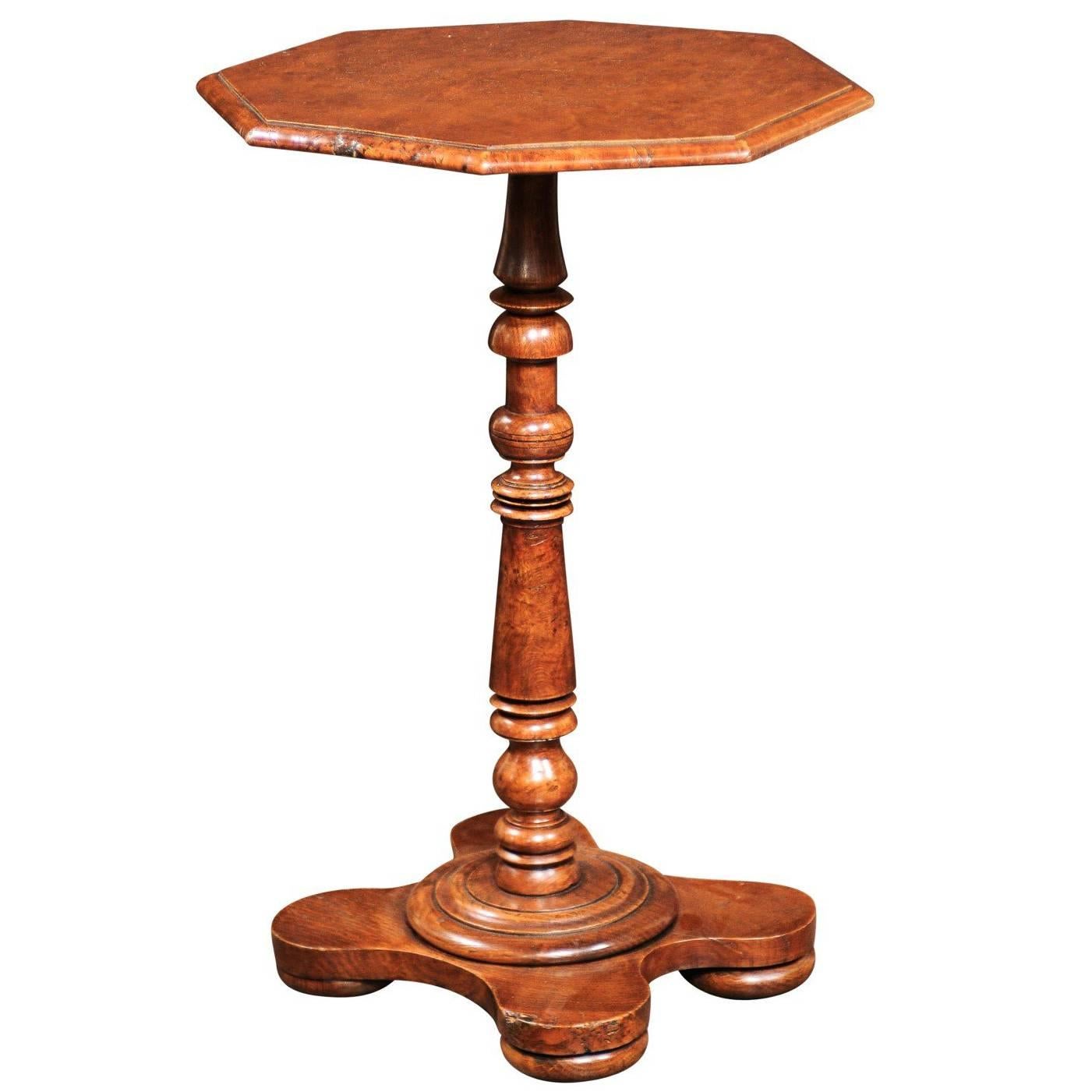 English Burl Elm Side Table with Octagonal Top over Quatrefoil Base, circa 1870
