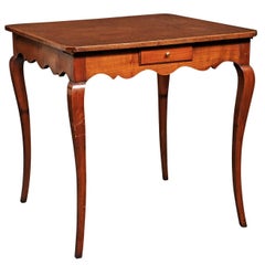 Used French Louis XV Style Game Table with Brown Tooled Leather Top and Pull Outs