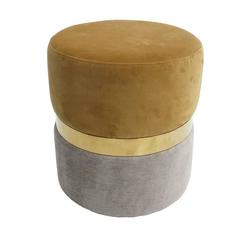 Circular Pouf Upholstered in Velvet and Central Band Made of Brass