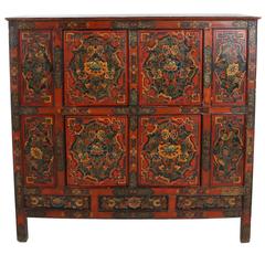 Antique Tibetan 19th Century Altar Cabinet with Original Painting Pinewood
