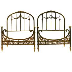 Antique Rare Pair of Twin Beds Single French Belle Époque Bronze Iron Brass