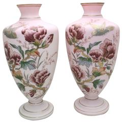 Antique Pair of Handblown Aesthetic Movement Hand-Painted Rose Pink Crystal Vases 