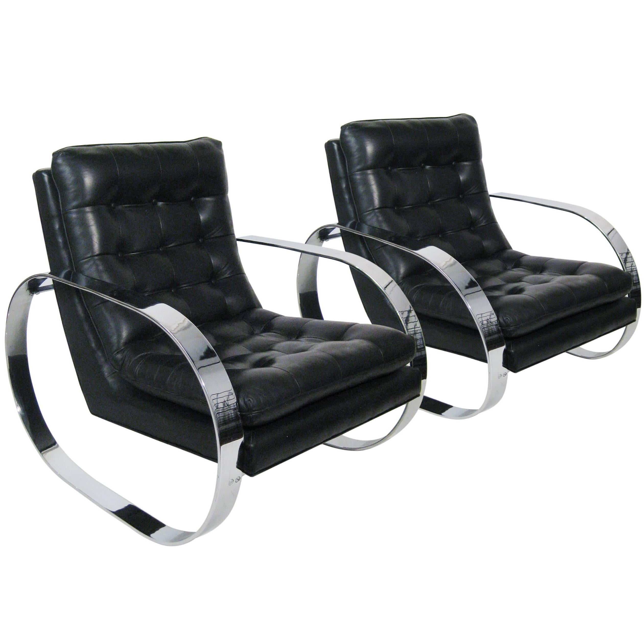Pair of Armchairs, Chrome with Leather, Mexico, circa 1970 For Sale