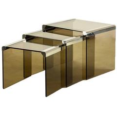 1980s Pierangelo Gallotti, Set of Three Glass and Chrome Gigognes Side Tables