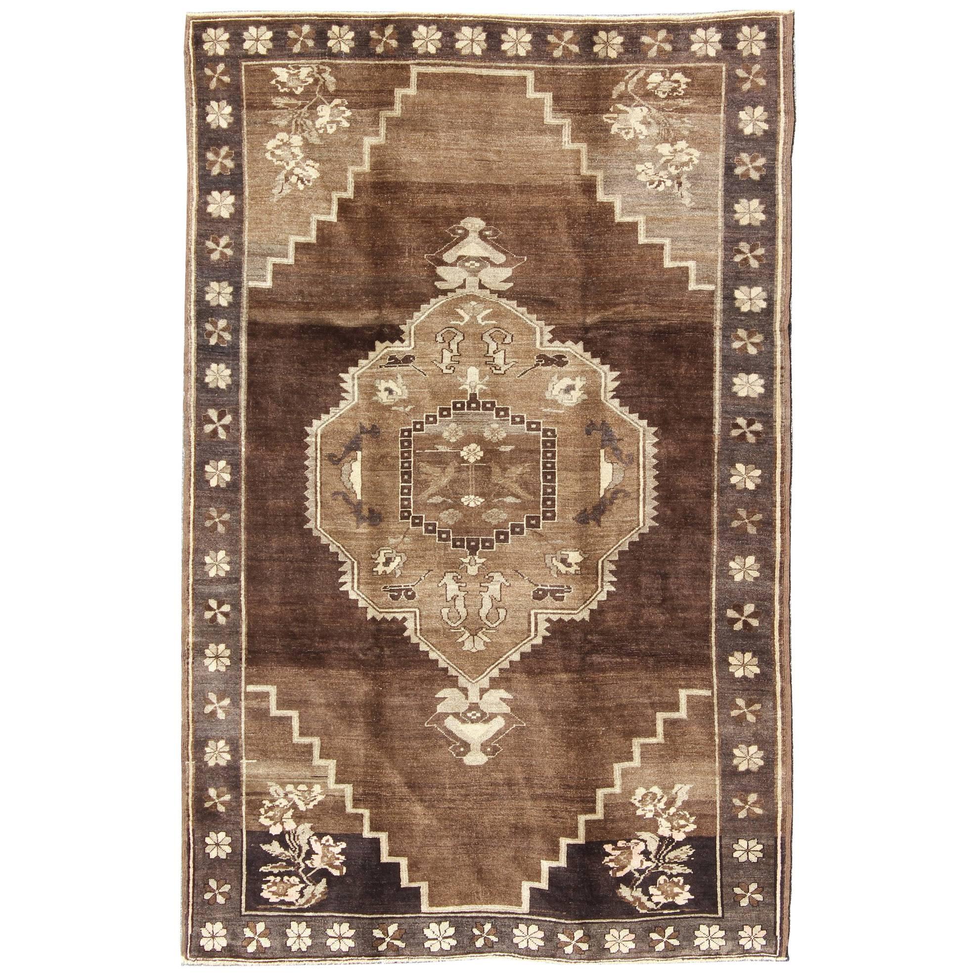 Vintage Brown Turkish Rug with Geometric Design in Various Brown Colors  For Sale