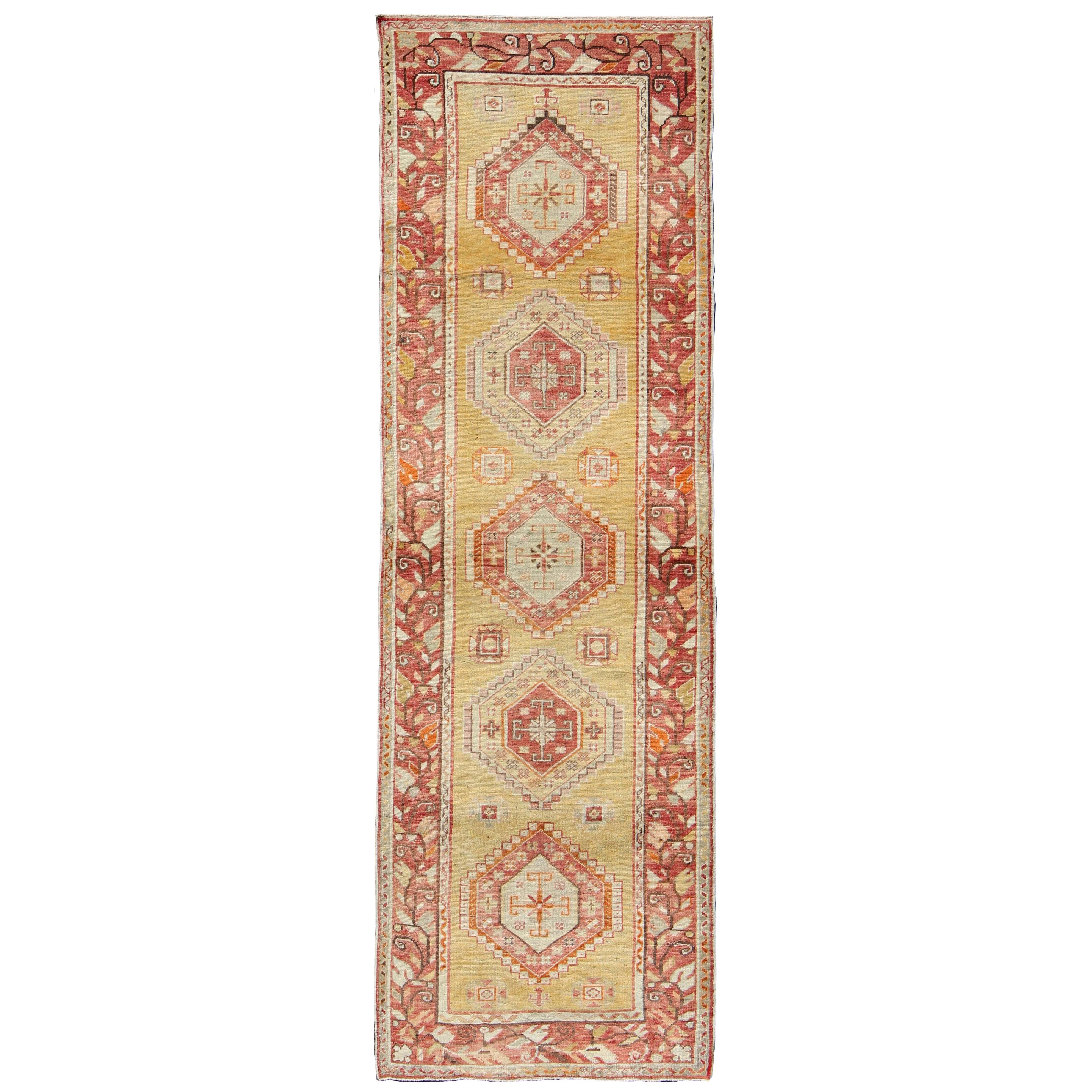 Antique Turkish Oushak Runner with Geometric Medallions in Yellow Background  For Sale