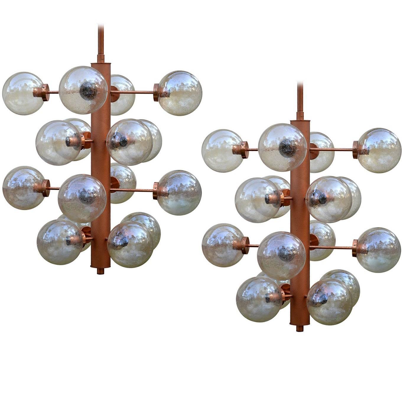 Pair of Giant Sputnik Chandeliers Pendants with 16 Glass Globes, Germany, 1960s