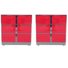 Pair of Ello Red Glass and Black Chrome Small Chests or Nightstands