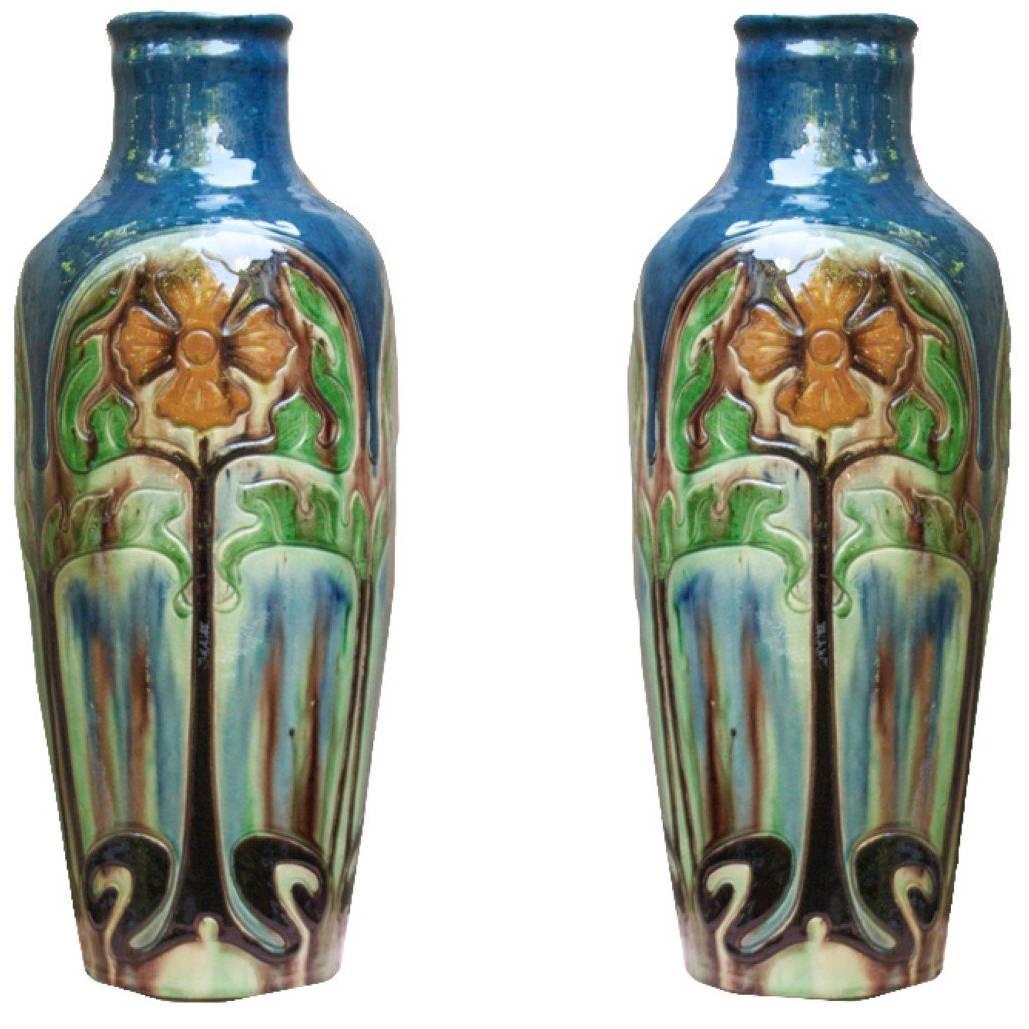 Pair of Belgian Ceramic Vases with Arts and Crafts Stylized Floral Motifs