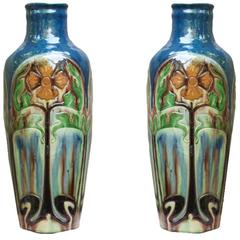 Pair of Belgian Ceramic Vases with Arts and Crafts Stylized Floral Motifs 11