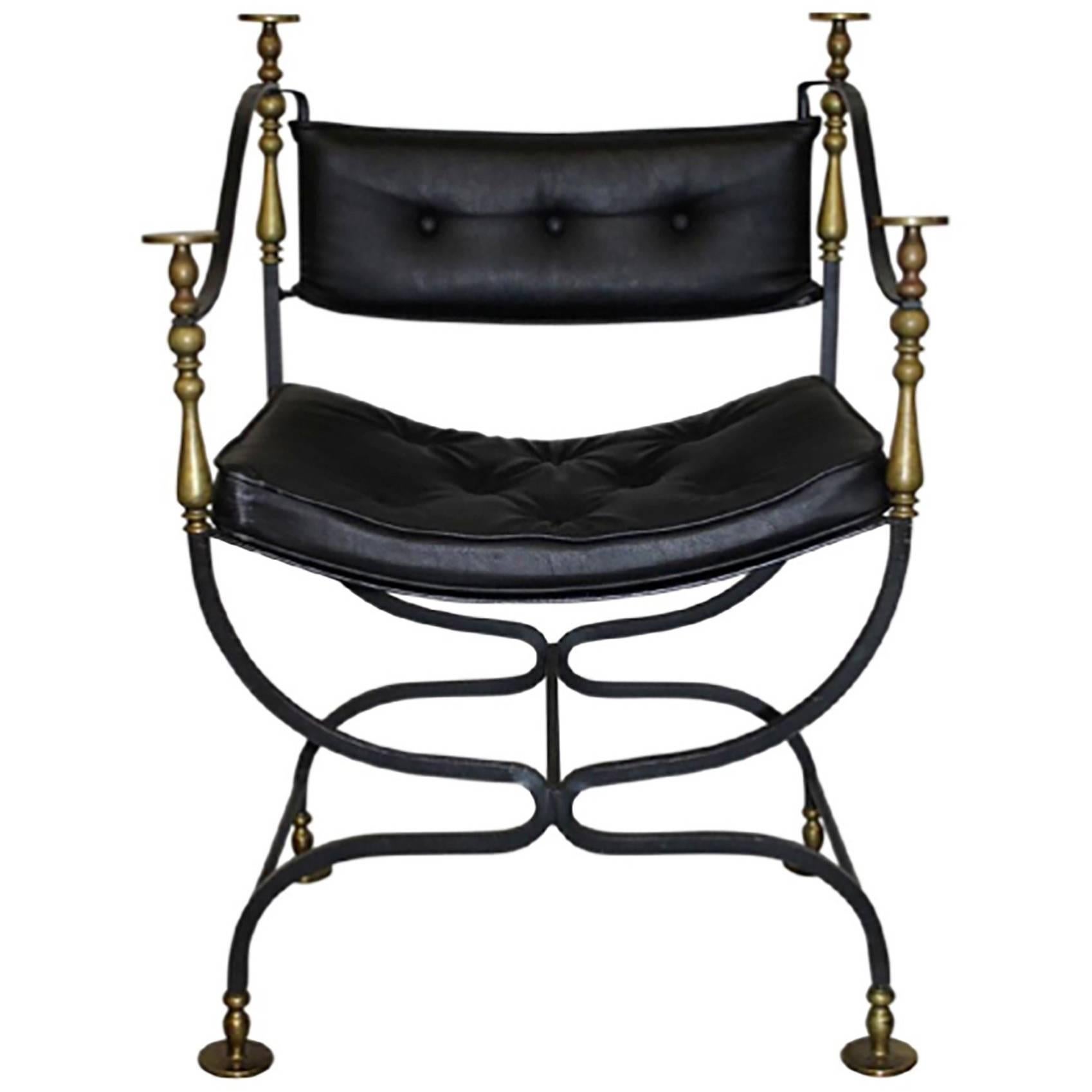 Campaign Style Iron and Leather Chair