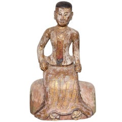 Burmese, 19th Century Teak Wood Statuette of a Woman in Traditional Costume 10