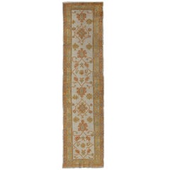 Vintage Turkish Oushak Runner with Floral Design in Gold and Ivory