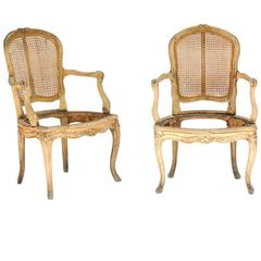 Antique Pair of Northern French Louis XV Style Stripped Wood Armchairs with Cane Backs