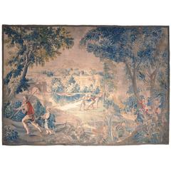 Large 18th Century French Aubusson Tapestry with Fishermen, Trees and Castle 8