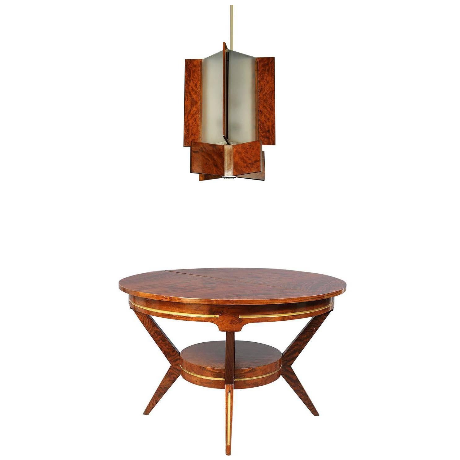 Walnut Mid-Century Modern Dining Table and French Art Deco Style Lantern For Sale