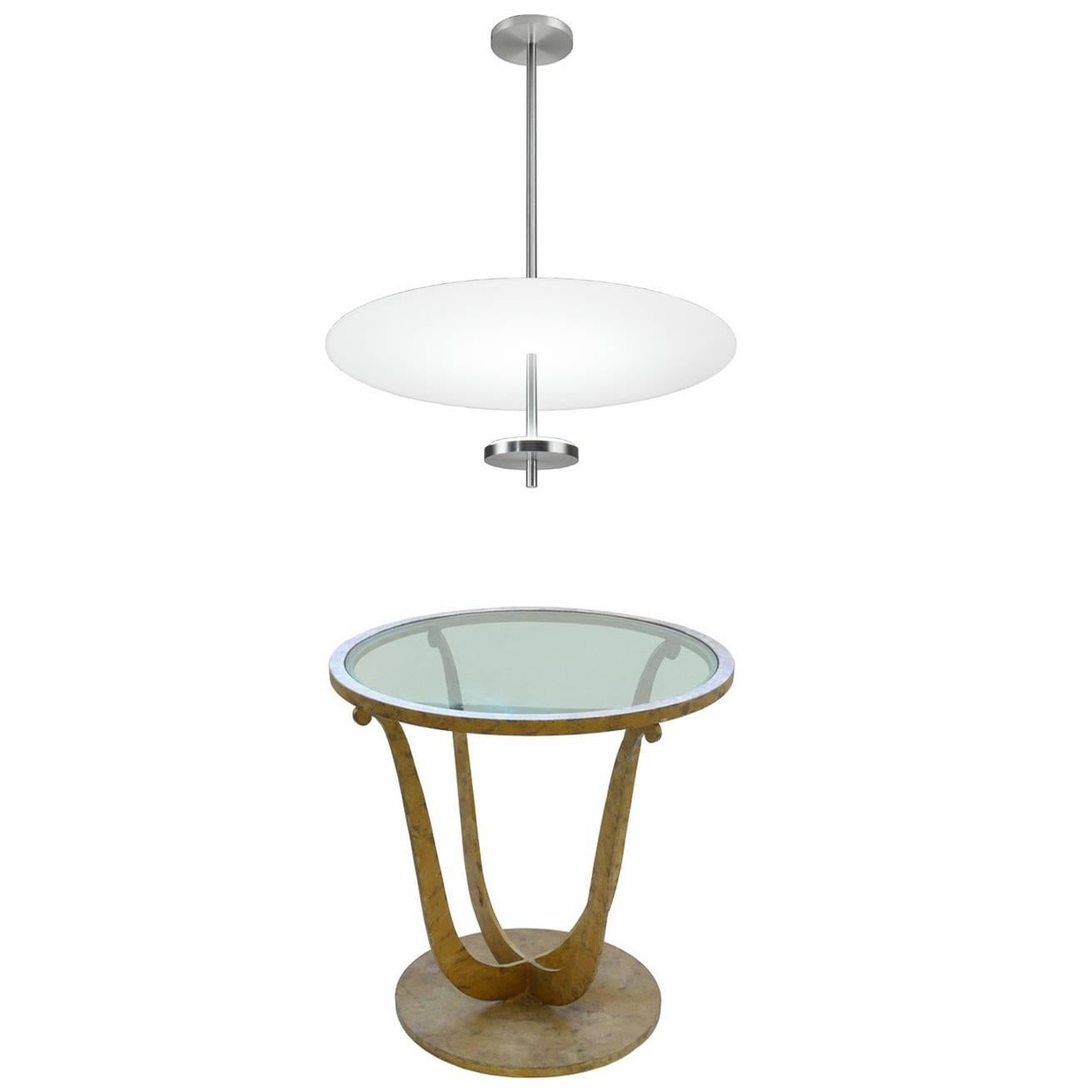 Art Deco Style Gilt Metal Round Gueridon Table with Round Glass Pendant Light For Sale