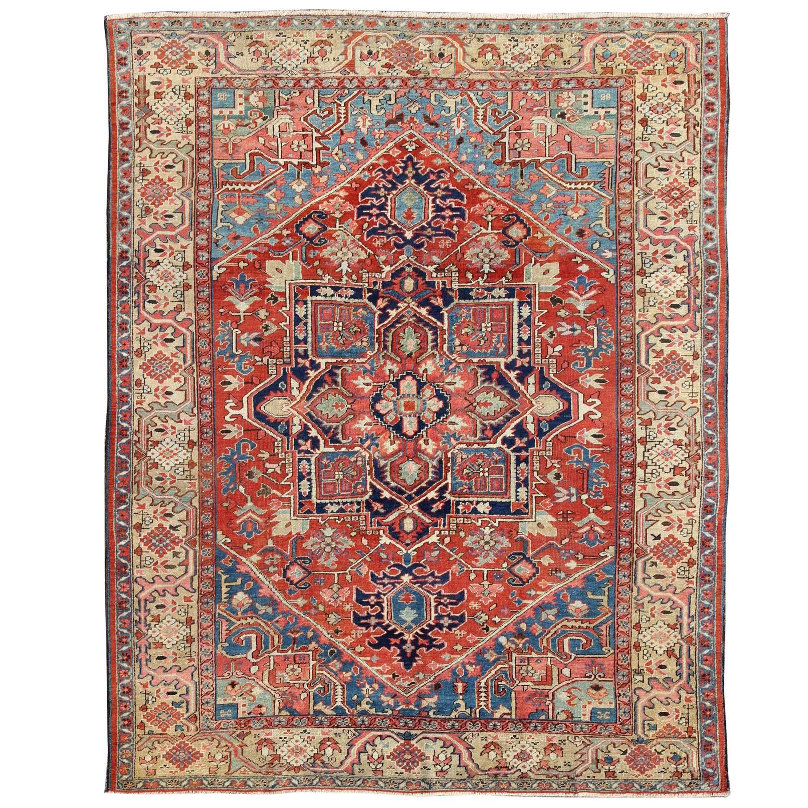 Antique Persian Serapi Rug with Geometric Central Medallion and Colorful Design For Sale