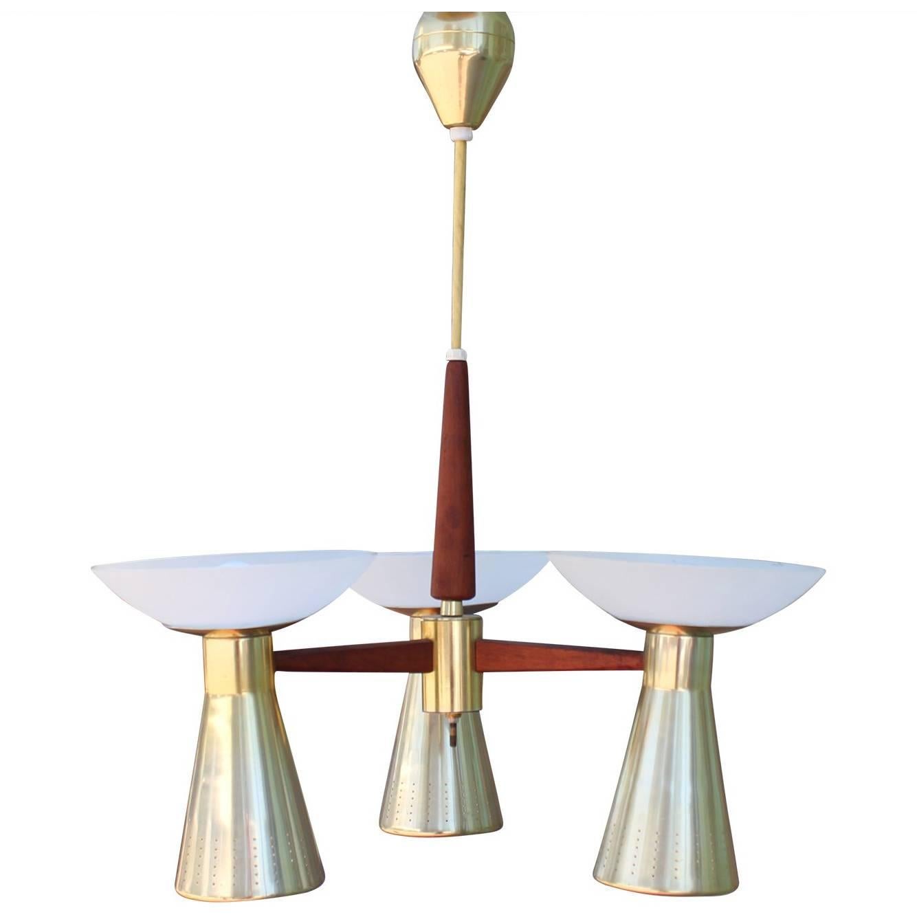 Modernist Perforated Brass and Walnut Chandelier with Three Double Sconces