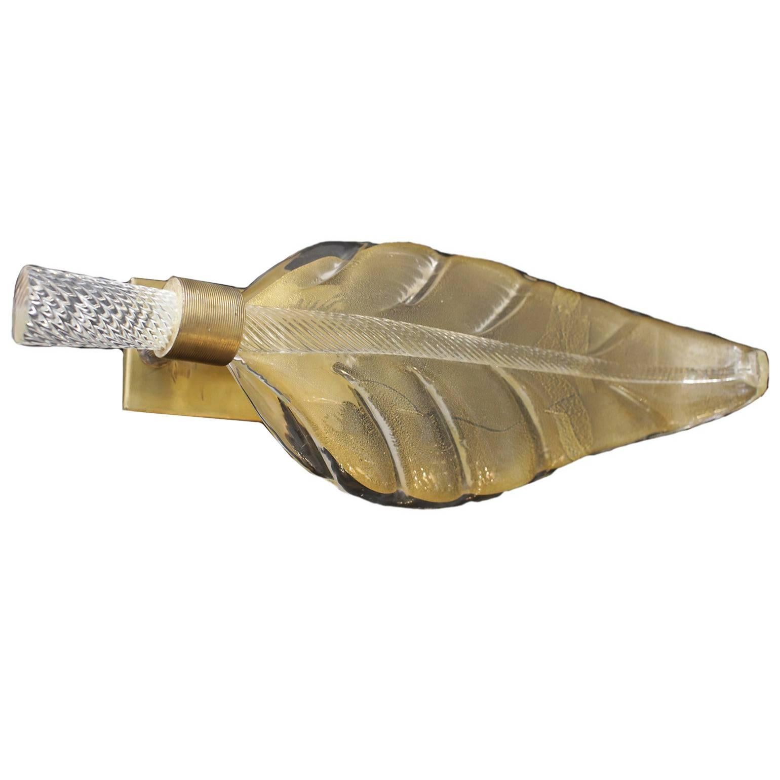 Art Deco Murano Gold Dust Leaf Wall Sconce For Sale
