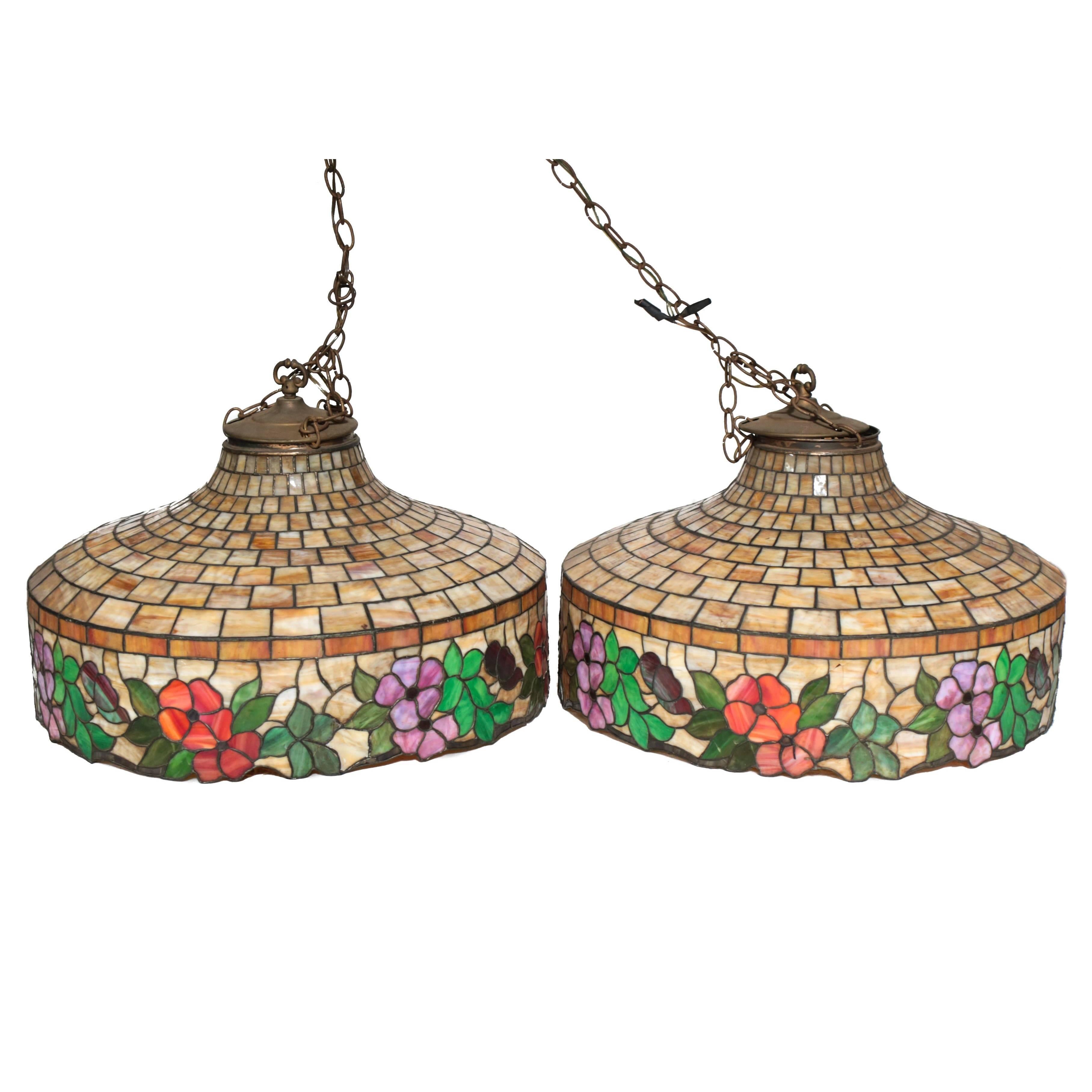 Pair of Stained Leaded Glass Chandeliers for Billiards Pool Table