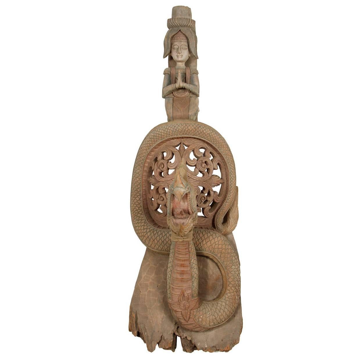 Asian Thai Sculpture of Fertility Deity and Dragon
