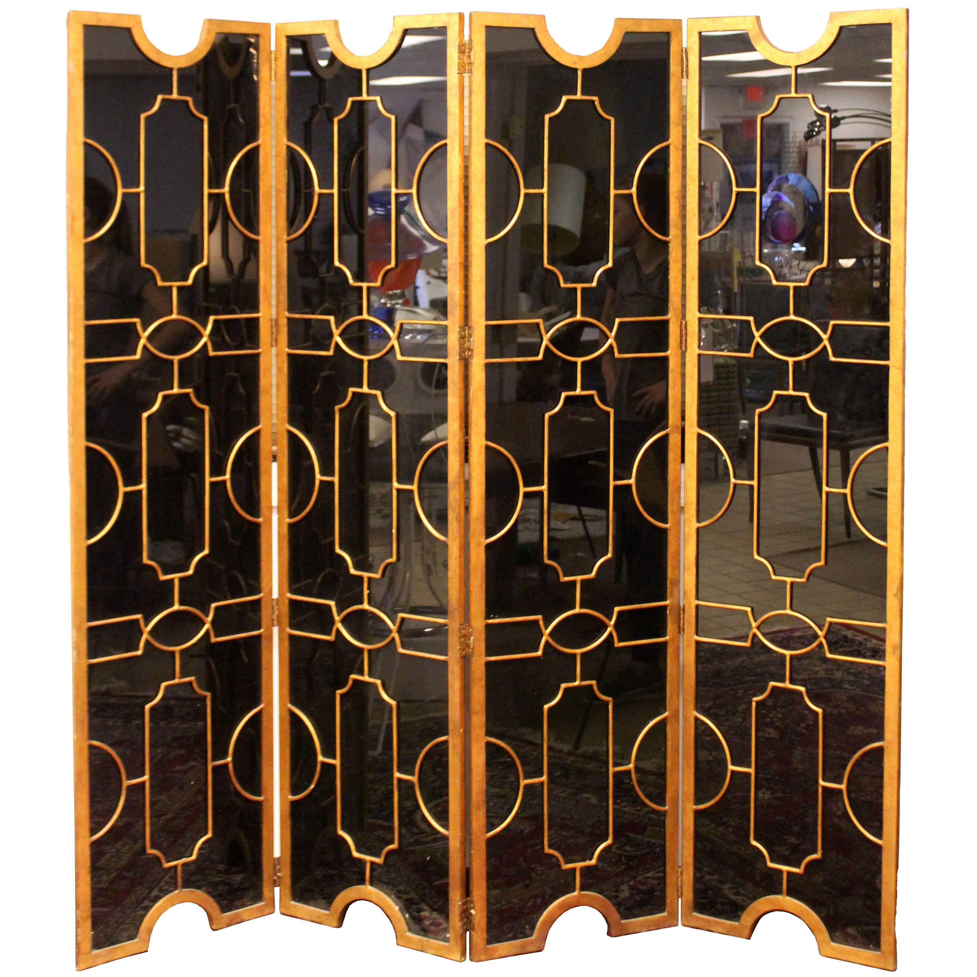 Hollywood Regency Art Deco Black Glass Bronze Folding Screen Room Divider