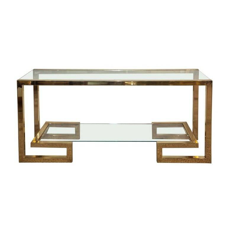 Brass Milo Baughman Style Console with Two Shelves, 1970s For Sale