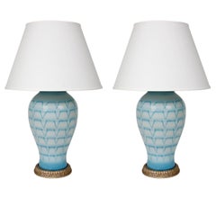 Pair of Blue Ceramic Lamps