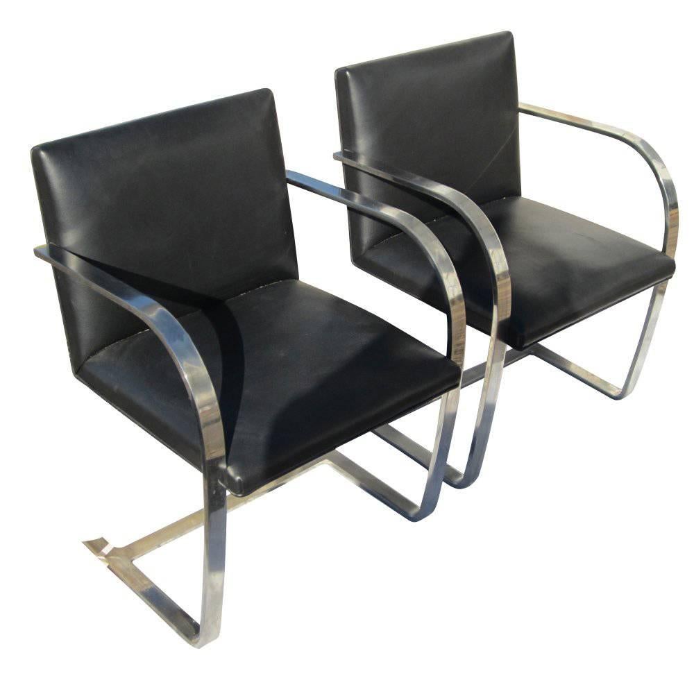 Pair Knoll Studio Flat Bar Brno Chairs Stainless Steel Black Leather