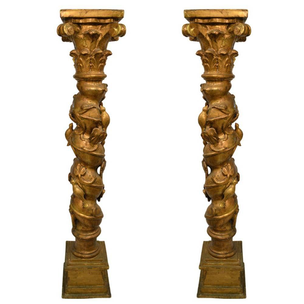 Pair of Antique 19th Century Gilt French Pedestals Highly Carved For Sale