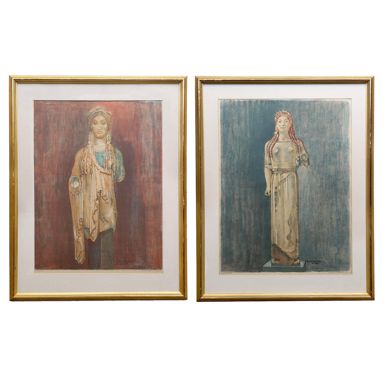 Marie Henriques Pair of Hand Colored Prints Athens Museum Polychrome Sculptures
