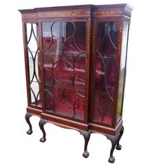 Antique English Marquetry Inlaid Mahogany Chippendale Style Display Cabinet