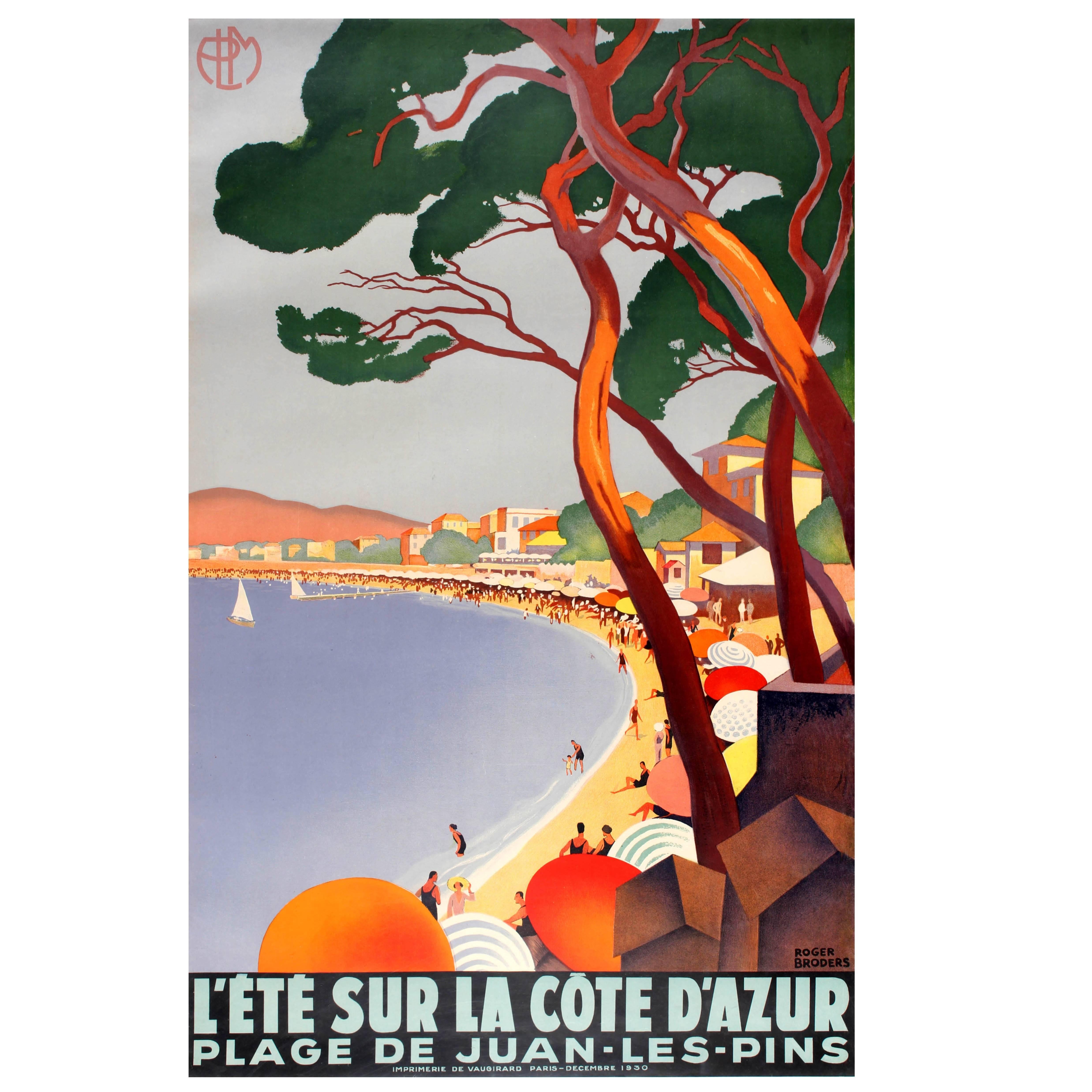 Original Art Deco PLM Railway Poster For Summer On The Cote d'Azur Juan-Les-Pins