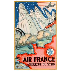 Original Vintage Art Deco Travel Poster by Guy Arnoux - Air France North America