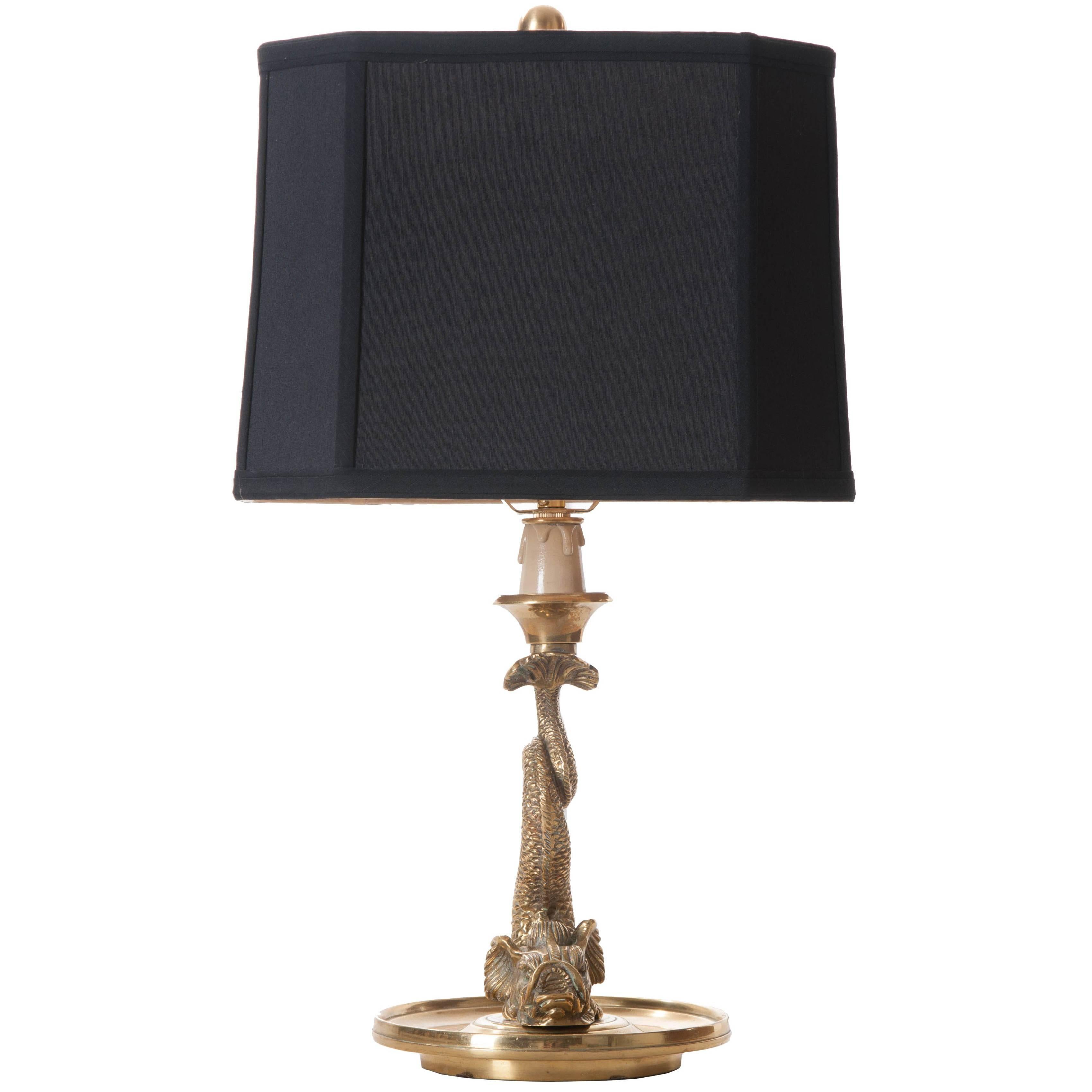 Petite French Brass Dolphin Lamp with Black Silk Shade