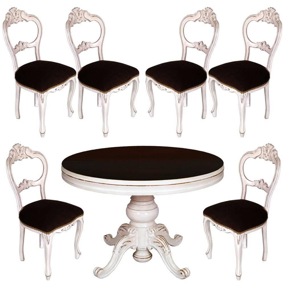 19. Jahrhundert Set Barock ausziehbarer runder Tisch & Stühle in Nussbaum weiß lackiert